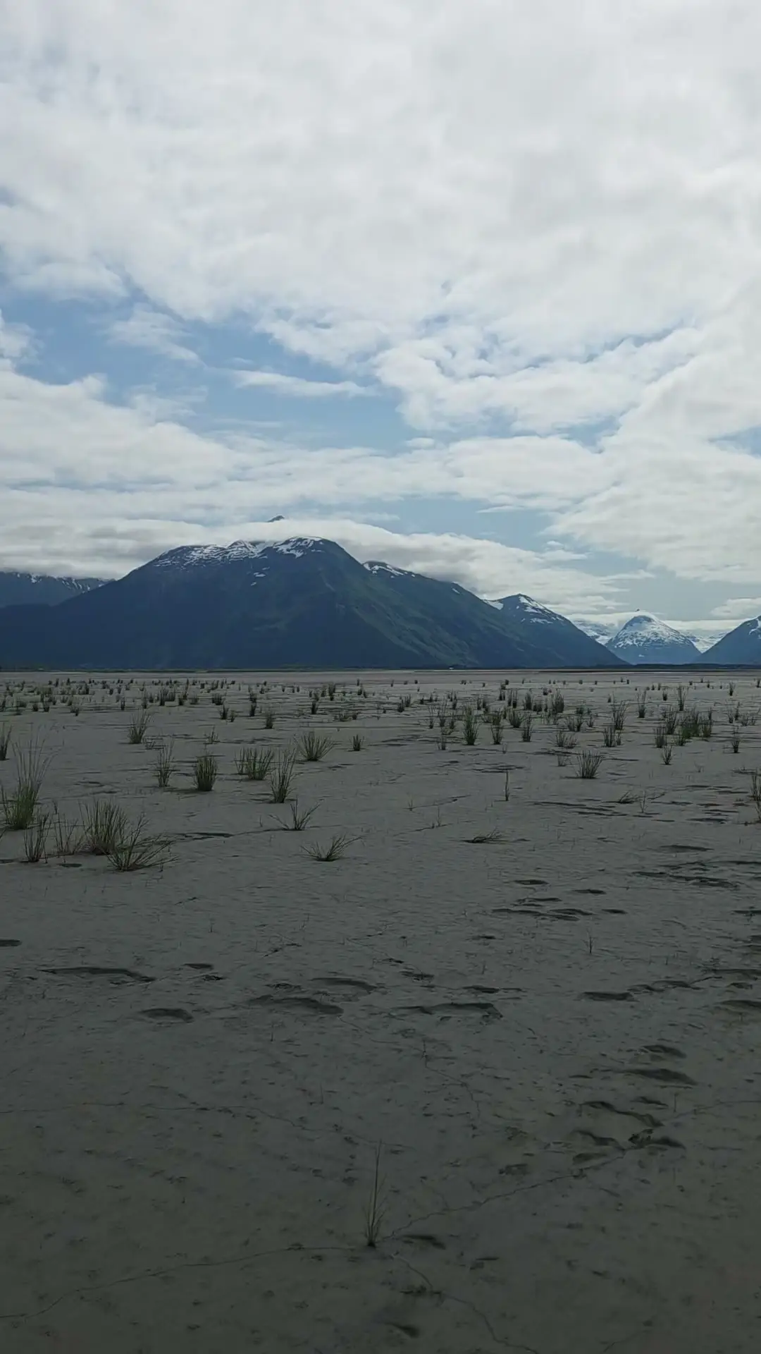 Wide view across the Turnagain Arm tide flats to snow-covered Chugach peaks under low cloud